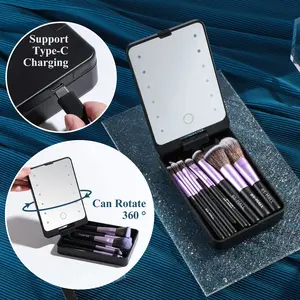 14 Pcs Premium Synthetic Makeup Brushes with LED Light Mirror and Case Matte Daily Flawless Pack Cosmetic Set