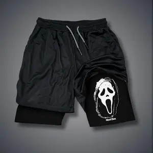 Ghostface 80s 90s Double-Layer Sports Shorts Graphic Shorts Black Camo Streetwear Shorts Men Outfits Men Vacation Outfits Shorts