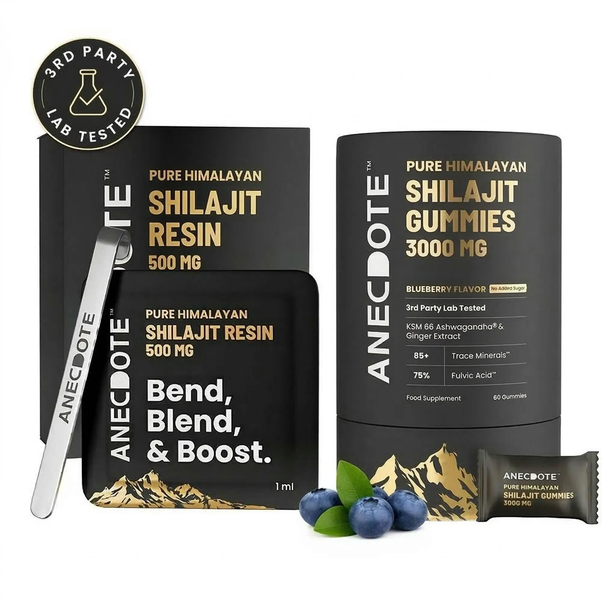 Anecdote Pure Himalayan Shilajit Gummies 3000mg (60 Gummies) and Anecdote Pure Himalayan Shilajit Resin Cards 500mg (30 Sachets) | Pack of 2