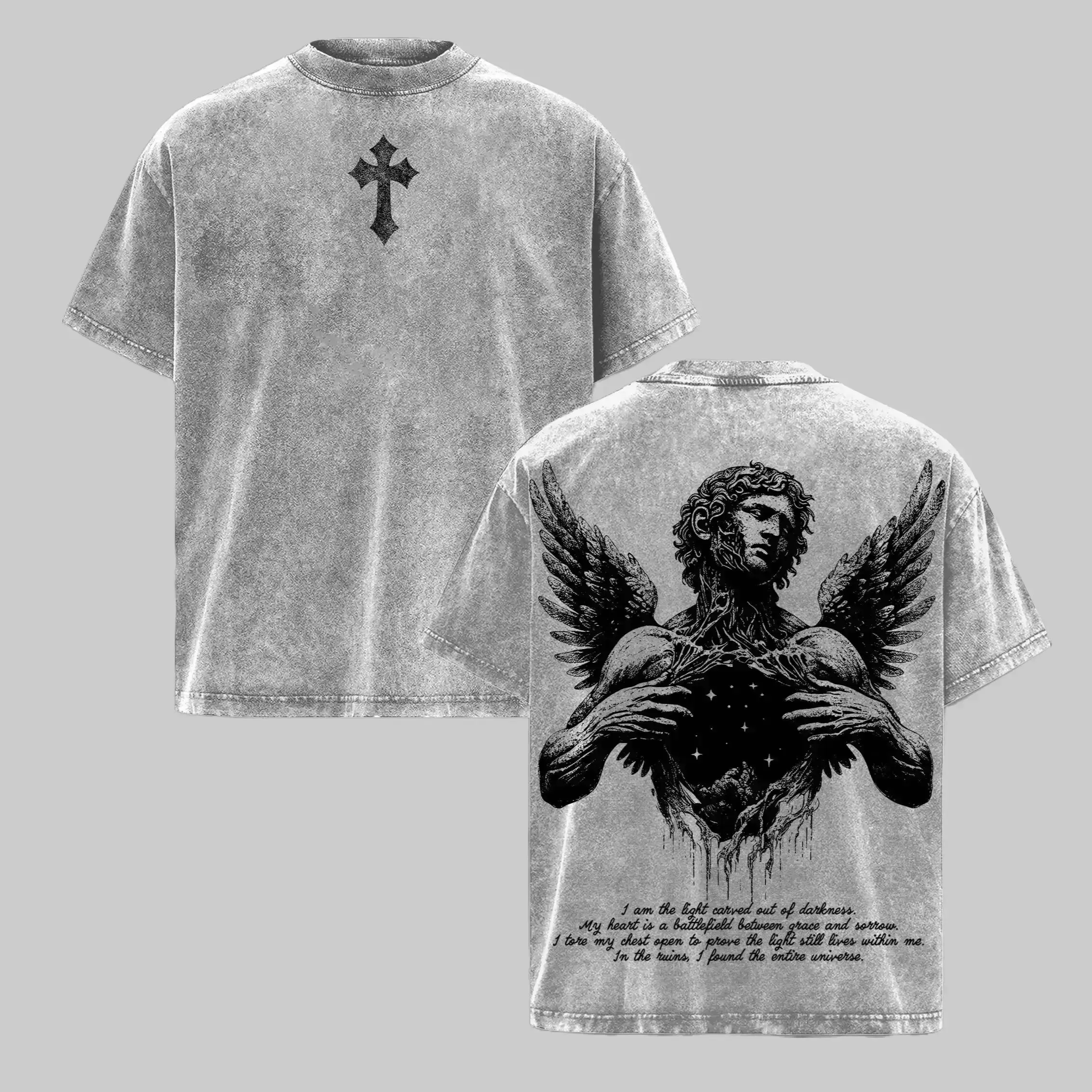 Fallen Angel Cross Oversized Graphic Tee Vintage Acid Wash T Shirt Y2K Streetwear Gym Pump Cover Dark Aesthetic Christian Merch Tiktok Finds Trendy Workout Fit Casual Mens Heavy Cotton Gothic Alt Faith Top Universe Art