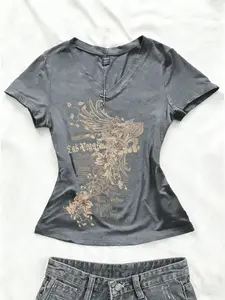 TikTok Viral Las Vegas Graphic V-Neck T-Shirt - Soft Stretchy Cotton Slim-Fit Y2K Aesthetic Streetwear Floral Wing Print Casual Tee Trendy Vintage Edgy Statement Top Must-Have Fashion For Women Cool Bold Retro Apparel Lady Statement Piece