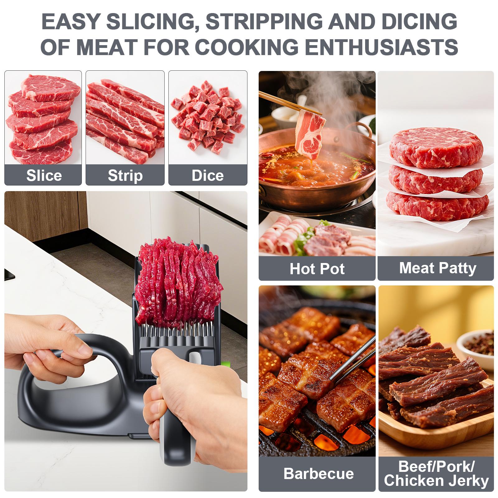 【ONCE FOR ALL】Manual Meat Slicer for Fresh Raw Meat (with Steady Grip), Meal Prep for the Week, Adjustable Thickness 2mm or 4mm, 17 Blades get 18 Fresh Meat Slicer, Meat Cleavers can be Sliced, Striped, Diced -Gray Fruit Chopping Appliance Kitchen Utensil