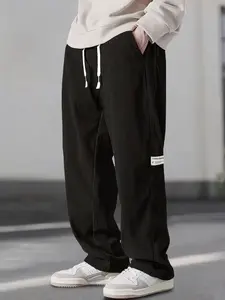 Men's Letter Patched Pocket Corduroy Pants, Loose Casual Comfy Elastic Waist Straight Leg Trousers for Spring & Fall, Work Pants Men, Streetwear, Woven Bottoms for Men Sweats Collective affordable  streetwear sweatpants sweatpants men pants men