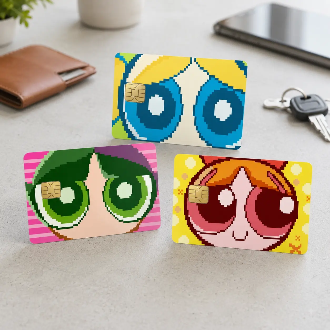 Pixel Art Superhero Sisters Credit Card Skin Set, Retro 90s Cartoon Girls Debit Card Cover, Kawaii Gaming Aesthetic Sticker, EBT Metro Pass Decal