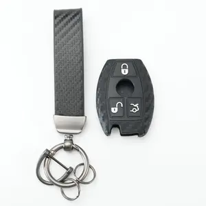 Premium Carbon Fiber Pattern Silicone Remote Car Key Cover with keychain - for Mercedes-Benz W176 W212 W213 W219 W204 W205 & GLS GLE GLK GLC CLA Series | Compatible with AMG C350 A B C E S Class | Seamless Design Preserves Button