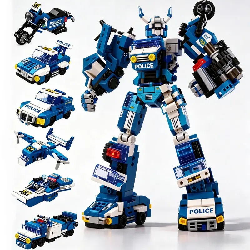 690pcs Police Mech Building Toy Set, 6-In-1 Block Puzzle Kit, Educational Construction Toys for Kids, Fun Assembly Game, Transformable Building Blocks