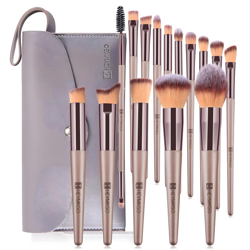 HEYMKGO 15PCS Champagne Gold Makeup Brush Set - Pro Foundation/Blending/Eye Brushes | Blush & Concealer Tools with Bag | TikTok Viral Must-Have Two-in-One Portable Shade and Blend Makeup Brush Multifunctional vintage makeup brush Natural Look all-day meta