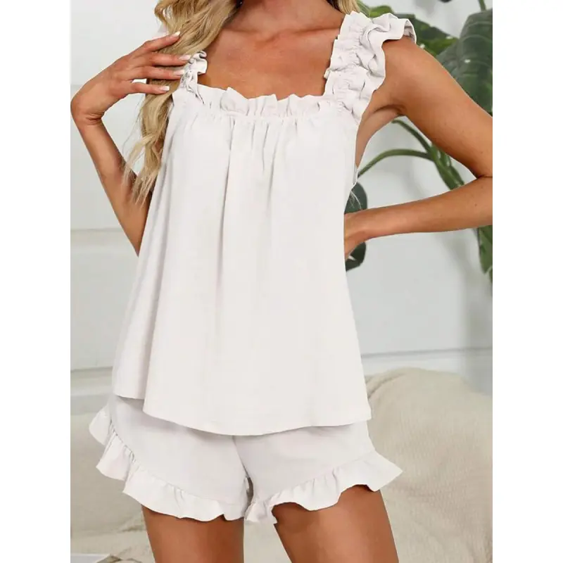 Womens Ruffle Pajama Set Cute Tank Top And Shorts Set Bride Pjs For Wedding Getting Ready Outfit