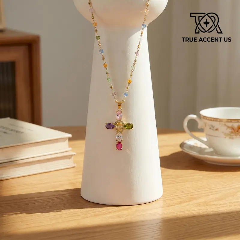 True Accent US 14K Multicolor Cross Fashion Necklace - Rhinestone Decorated, Chain Detailing, Anti-Tarnish Decorative Jewelry with Colored Crystals, Women's Must-Have Miami Luxe Boho Y2K Gift with Box, Decorative Necklace