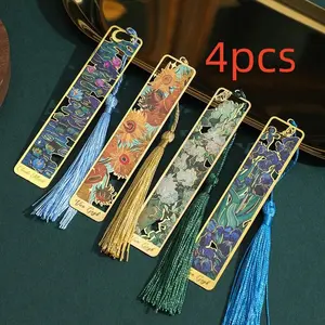 Vintage Flower Design Metal Bookmarks, 4counts Tassel Decor Bookmarks, Book Accessories for Home & School & Office