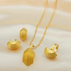Gold-Tone Habesha Jewelry Set for Women, 4-Piece Stylish Ethiopian & Eritrean Wedding Accessories with Pendant Necklace, Ring & Earrings, Stylish Accessories, Jewelry Stack