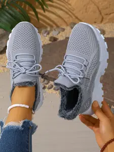 Women's Comfortable Thick Sole Sports Shoes, Fashion Casual Fleece Lined Warm Boots, Daily Wear Footwear, Textile Upper Material, Rubber Sole, Athletic Workout Sneakers