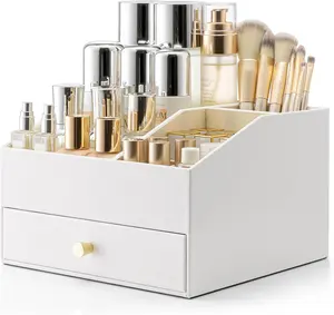 Makeup Organzier,Vanity Organizer with Drawers, PU Leather Skincare Organizer Perfume Organizer,Large  Display Case for Lipstick,Brushes Gifts for Women-White