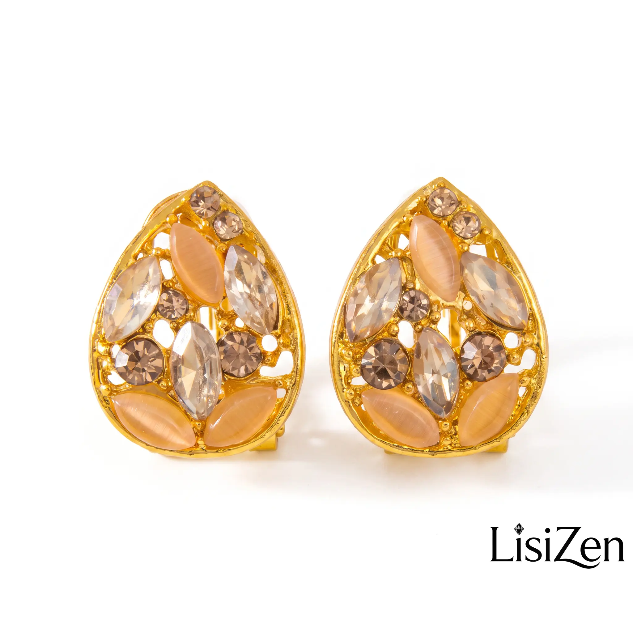 Champagne Cat Eye Drop Earrings 14K Gold Plated Korean Style Sparkling Crystal Studs, Elegant Fashion Jewelry Statement Earrings for Women DZEH3852