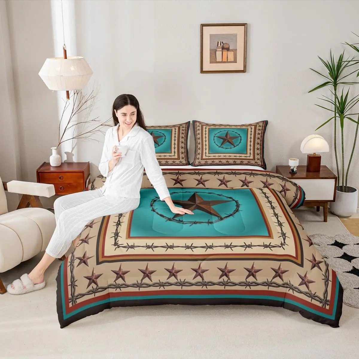 Western Texas Star Comforter Set,Cowboy Rustic Farmhouse Bedding Set Adults Bedroom Decor,Geometric Stripes Patchwork Down Comforter,Brown Retro Duvet Insert
