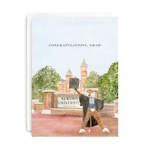 "Congratulations, Grad!" Greeting Card featuring Watercolor Aubie The Tiger in Graduation Outfit by Samford Hall A6 Folded with White Envelope
