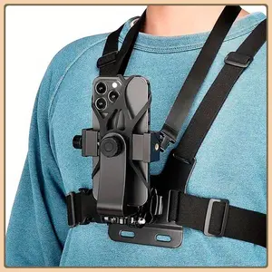 1 universal adjustable chest-mounted phone mount, compatible with iPhone, Samsung, GoPro, Insta360, and DJI action cameras, ideal for POV/vlog recording whilst cycling, kayaking, fishing, or skateboarding.
