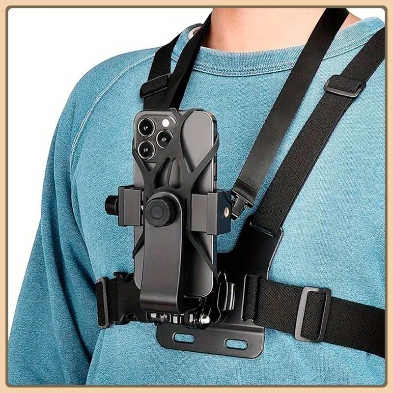 1 universal adjustable chest-mounted phone mount, Cellphone Selfie Accessory, compatible with iPhone, Samsung, GoPro, Insta360, and DJI action cameras, ideal for POV/vlog recording whilst cycling, kayaking, fishing, or skateboarding, Phone Holder Stand