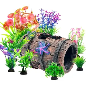 Fish Broken Barrel Decor Fish Tank Decorations Betta Fish Tank Accessories,Starfish Barrel x 1pc, Aquarium Plants x 8pcs