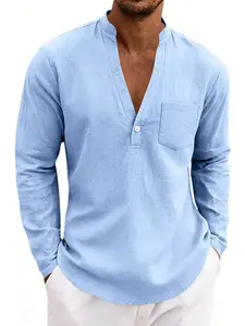Men's Linen Long Sleeve Shirt, Casual Breathable Outdoor Wear, Spring & Fall Fashion, Loose Fit Henley Style