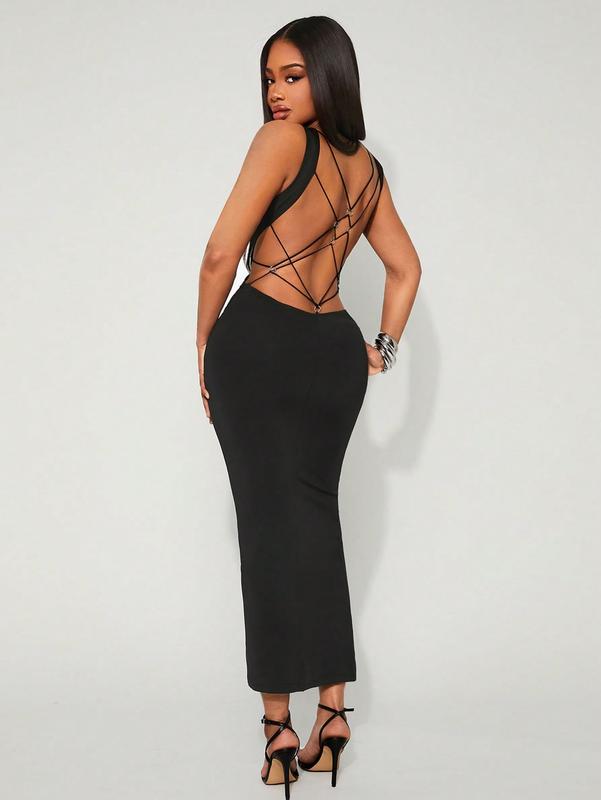Black Knit Sleeveless Maxi Dress for Women, Round Neck Pencil Style with Crisscross Backv