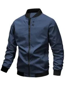 Men’s casual baseball jacket for spring/autumn, stand collar, zip closure, windproof, blue-and-black colorblock outdoor sports jacket
