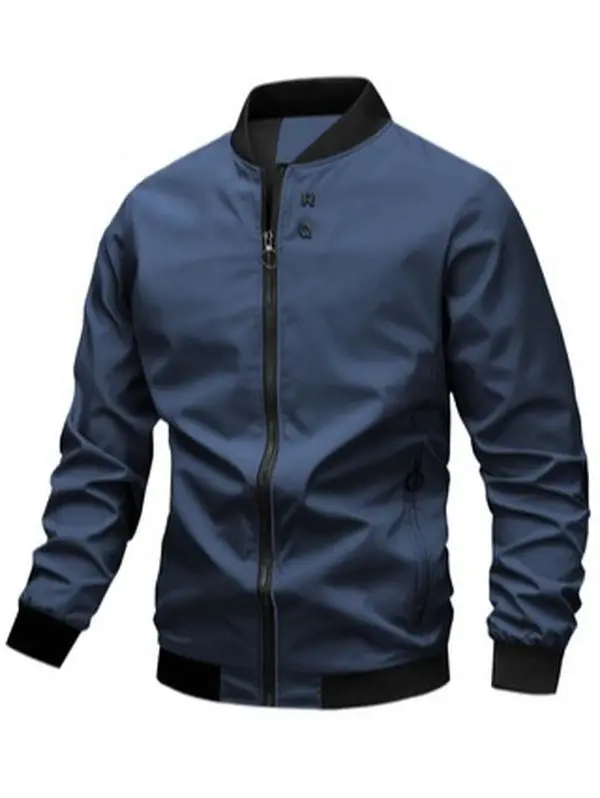 Men’s casual baseball jacket for spring/autumn, stand collar, zip closure, windproof, blue-and-black colorblock outdoor sports jacket
