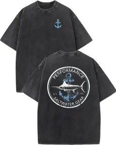 Performance Saltwater Gear Marlin Anchor Vintage Washed Distressed Oversized T-Shirt, 100% Cotton Nautical Fishing Graphic Tee, Retro Saltwater Angler Boat Streetwear Top for Men Women, Fisherman Dad Gift#Retro Washed Cotton T-Shirt