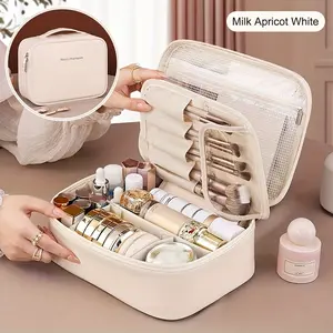 Large Capacity Makeup Organizer Bag - Beige/Soft Pink PU Cosmetic Case with Brush Holder & Compartments, Travel-Friendly Beauty Storage for Women/Men, Spacious Makeup Organizer for Home or On-the-Go - Ideal Gift for Couples Couple Travel Accessory,
