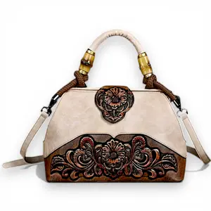 Women's Handmade Embossed Leather Crossbody Purse - Vintage Floral Design, Purse Shoulder Bag for Women