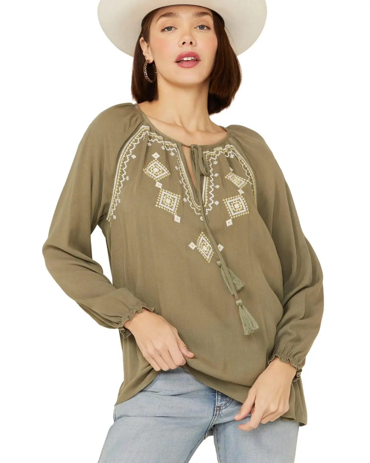 Miss Me Women's Olive Embroidered Southwestern Tassel Top - Mt1965l