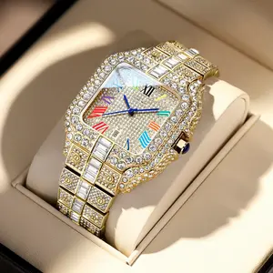 Men's 42mm Square Face Waterproof Iced Out Gold Watch - Colorful Roman Numerals Dial, Full CZ Diamond Bustdown, Hip Hop Bling Luxury Gift for Streetwear Outfits