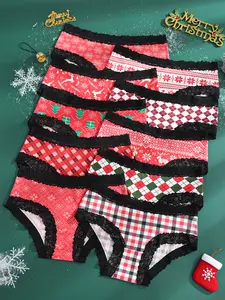 Hotcom Women's 10-Pack Low Waist Christmas Panties - Everyday Fashion Breathable Underwear, Plus Size, Comfortable Briefs with Soft Lacy Patchwork & Cute Print