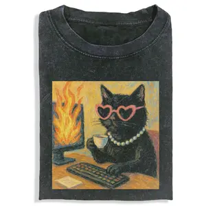 FUNNY Cat Unisex Vintage Washed Crew Neck Heavyweight Regular Fit Cotton Fabric Casual Comfort Breathable Short Sleeve Funny T-shirts for Summer Fashion Men&Women's Top for Daily Wear BO092413