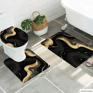 1/3Pcs Modern Wavy Lines with Black and Gold Glitter Bathroom Mat Set, Flannel Non Slip Bath Rug, Toilet U-Shape Mat, Toilet Lid Cover, Thickened Soft Absorb Water, Microfiber Surface Memory Foam Cushion, Home