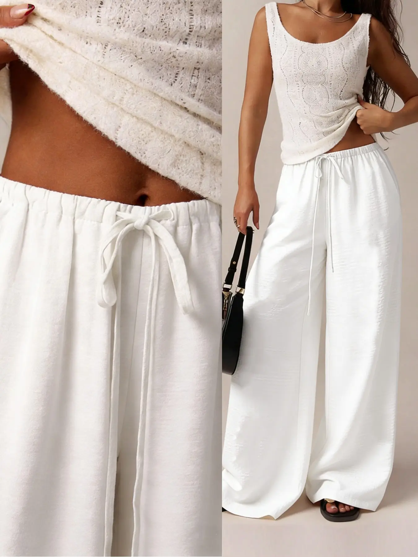 Popular minimalist Basic white wide-leg trousers for women, featuring a drawstring waist and a loose fit—perfect for summer and everyday wear.