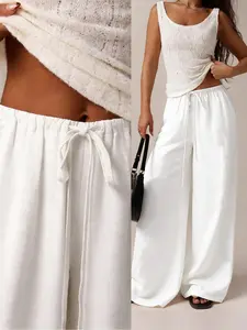 Women's Fashion Bohemian Wide-Leg Pants with Textured Fabric — Drawstring Waist, Relaxed Fit; A Top Choice for Summer and Everyday Wear, Featuring a Street-Style Straight-Leg Design.