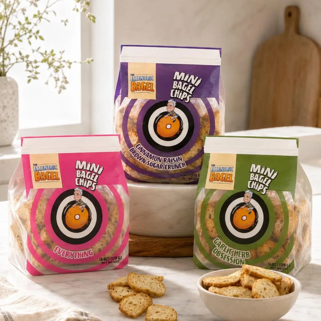 Eccentric Bagel Crispy Bagel Chips 3-Pack - 3 x 6 oz Bags, Flavors: Everything, Cinnamon Raisin, Garlic Herb, Sweet and Savory Snack