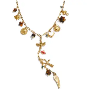Dragonfly Lariat Necklace with Gemstone Accents, Gold-tone Finish, Elegant Design and Unique Bead Arrangement