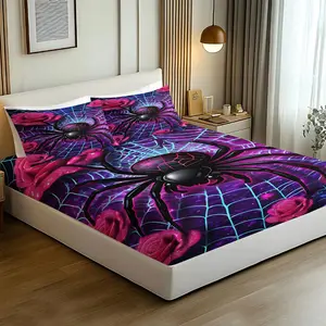 3pcs Neon Spider Print Fitted Sheet Set, Breathable, Wear-Resistant, And Adjustable Woven Mattress Cover for Teenager'S Bedroom. A Washable Mattress Cover Protector With Retro Cyberpunk Style Bedroom Decor, Available in Multiple Sizes.