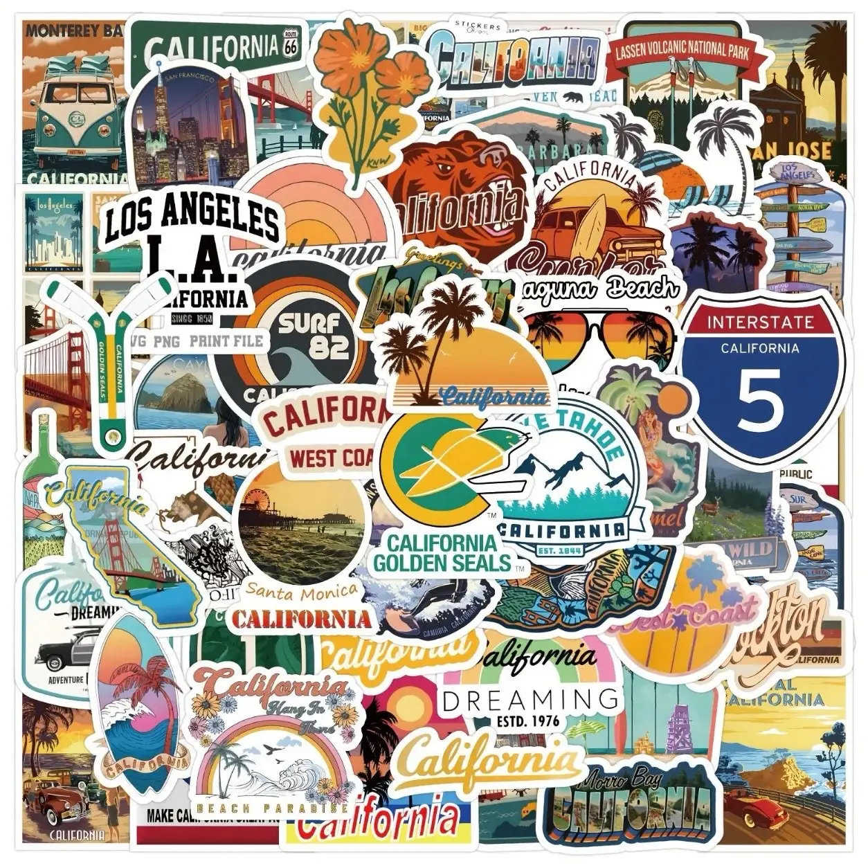 50 Pack of California Themed Stickers. Travel, Beach, Adventure. Waterproof. No Duplicates