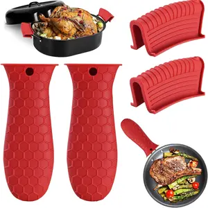 4 Silicone Heat-Resistant Non-Slip Pot Holders - Red Textured Grip, Suitable Cast Iron Pots, Frying Pans, Woks, and Ovens - Durable Kitchen Accessories Made of Heat-Resistant Silicone Material Pot