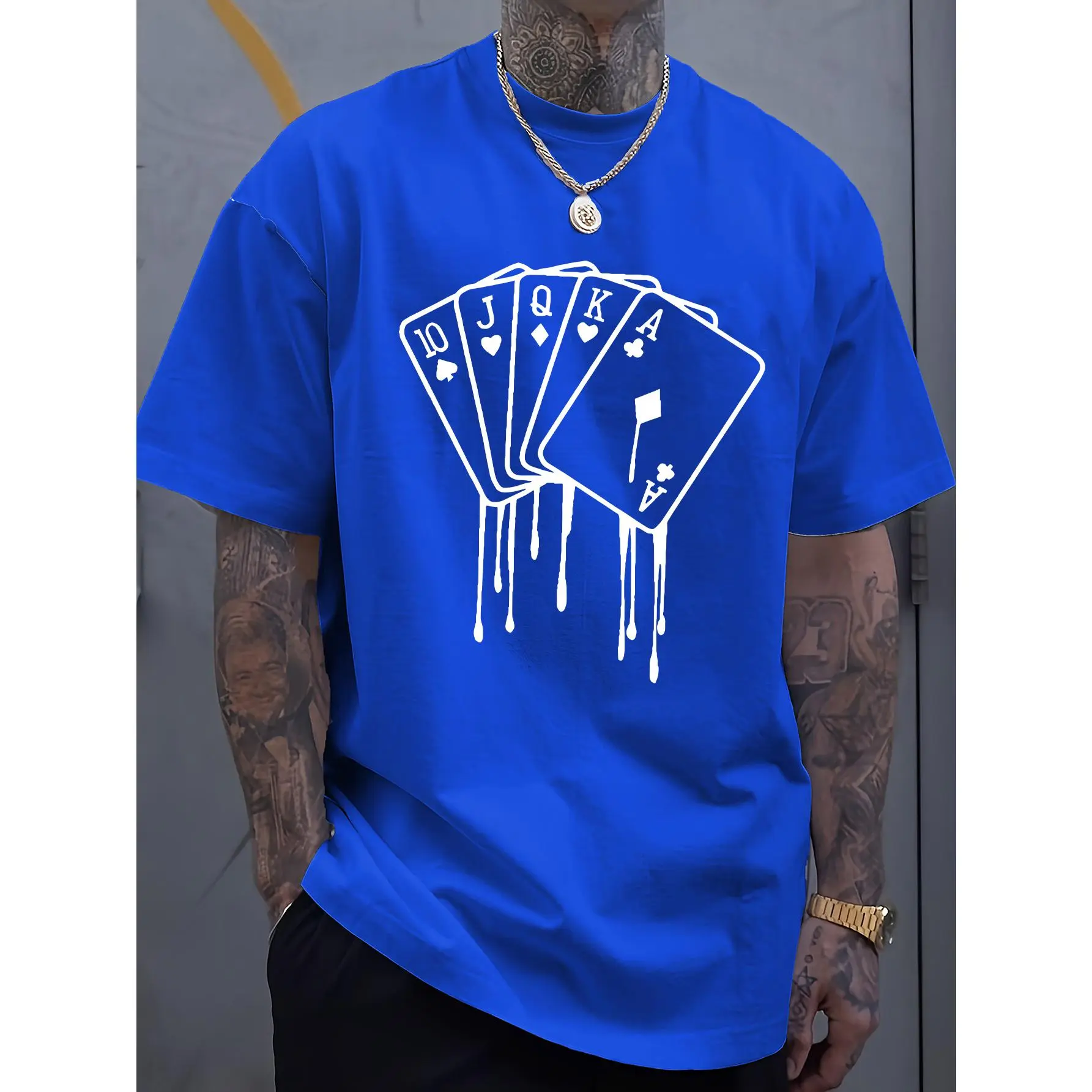 [Royal Blue T-Shirt] Cotton Men's Royal Blue Casual T-Shirt | Short Sleeve Summer Tee with Melted Playing Cards Graphic - Machine Washable, Cotton T Shirts for Adults