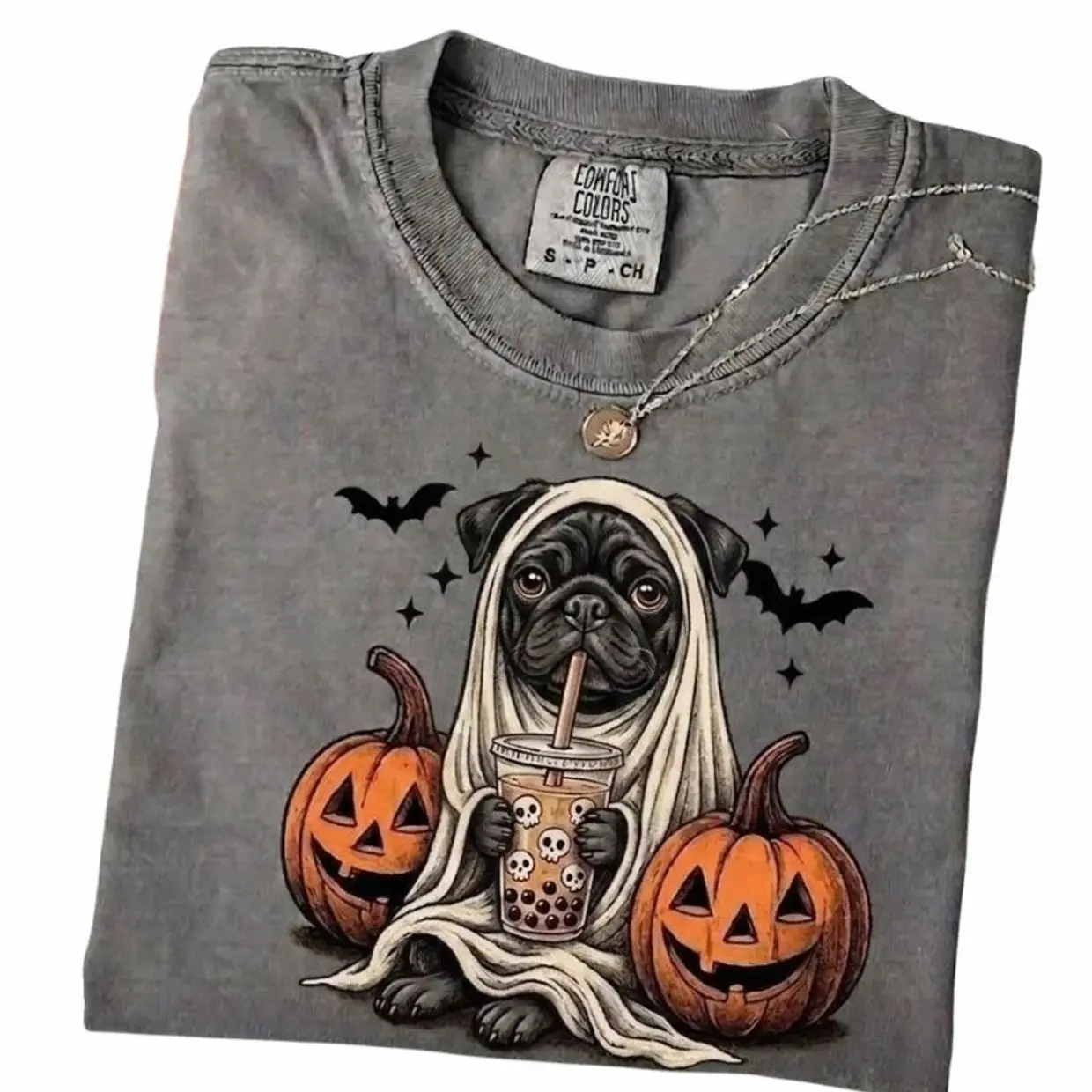Comfort Colors Halloween Black Pug Graphic T-Shirt - Fall Aesthetic Spooky Dog Lover Tee, Trending Halloween Graphic Tee, Comfortable Menswear & Womenswear Top, Perfect Halloween Gift For Men And Women jul11
