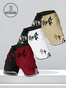 Men's Three-Piece Death Metal Font & Cross Print Basketball Shorts, Streetwear Sports Shorts, Loose Fit Street Style, Color-Blocked Hem, Daily Wear