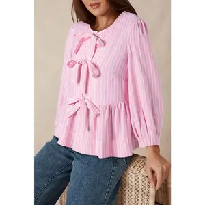 Pink Stripe Bowknot Front Crew Neck Puff Sleeve Blouse