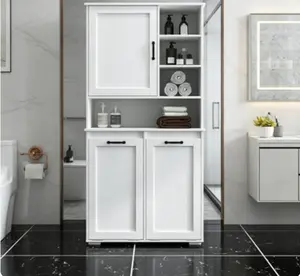 White Freestanding Laundry Cabinet with Tilt-Out Hamper, Multiple Storage Spaces, Adjustable Shelf & Open Shelves, Practical Organizer for Laundry Room & Bathroom