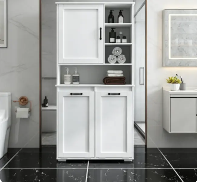 White Freestanding Laundry Cabinet with Tilt-Out Hamper, Multiple Storage Spaces, Adjustable Shelf & Open Shelves, Practical Organizer for Laundry Room & Bathroom