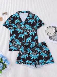 Women's Turtle Print Sleepwear Pajamas Set, Short Sleeve Top and Shorts, Comfortable Soft Skin-Friendly Elastic Waist, All Seasons Casual Home Wear