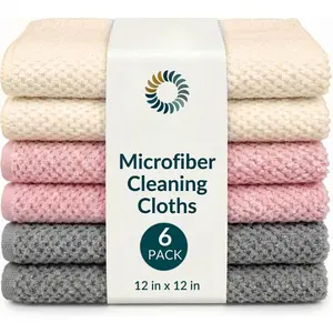 Oeko-Tex Certified Microfiber Cleaning Cloths - , Safe for Family & Pets - 6 Pack Kitchen Rags for Counter - 12x12 in, Lint-Free, Absorbent Dish Towels, Dusting Cloths